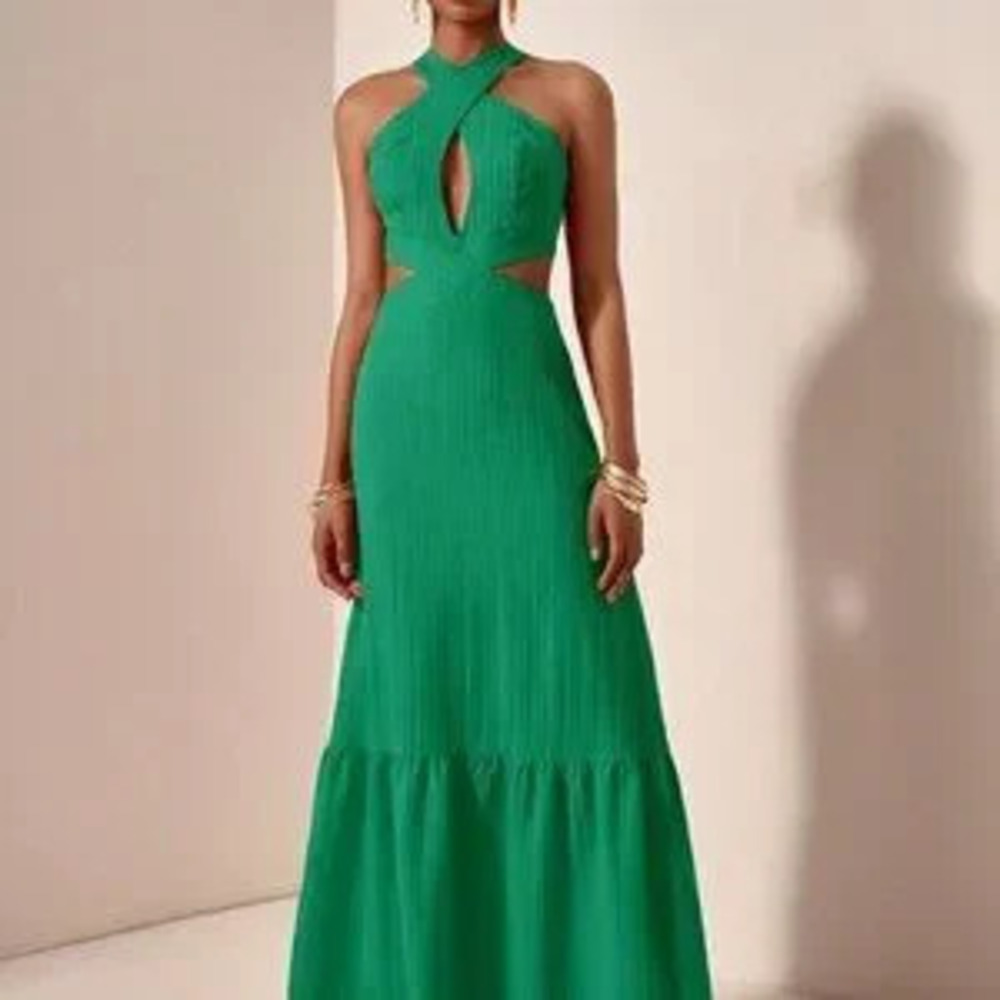 ZARA Green Casual Women's Halter Neck Textured Fabric Maxi Dress